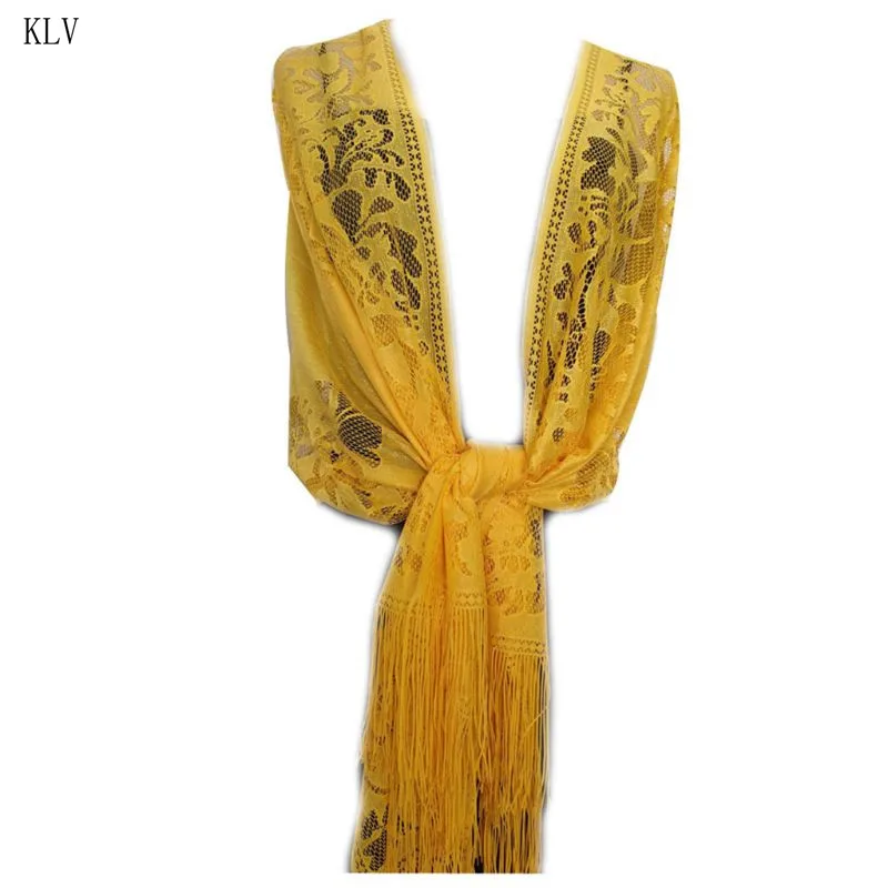 Цвет: желтый 185x63 см, женский шарф 1920 s, Ажурные вязаные крючком цветочные кружева, бахрома, кисточки, свадебная накидка, вечерняя винтажная шаль - Цвет: Цвет: желтый