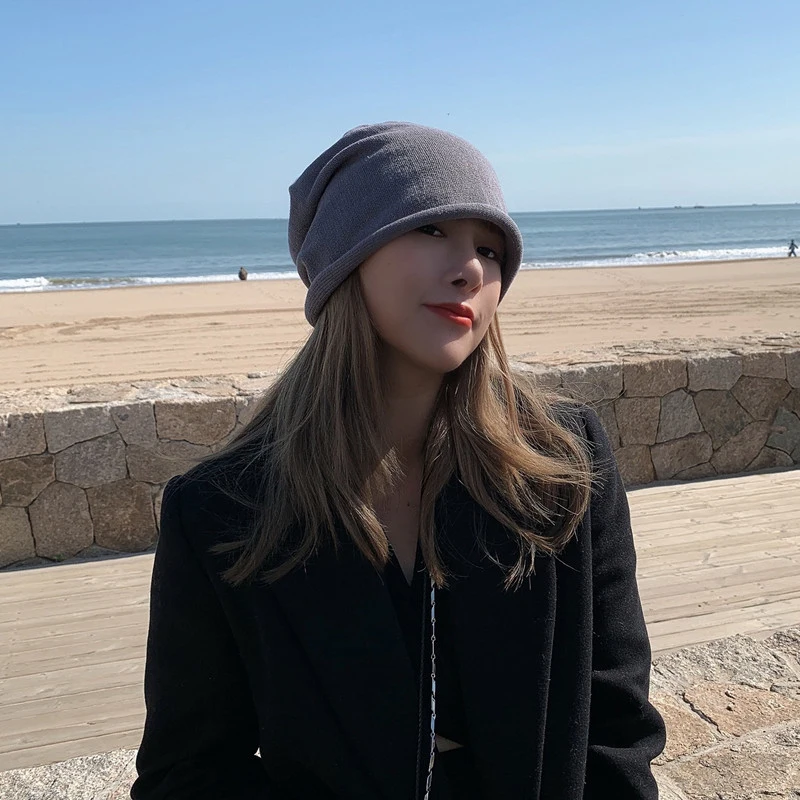 [EAM] Женская Черная серая вязаная Рыбацкая шапка новинка Круглый купол