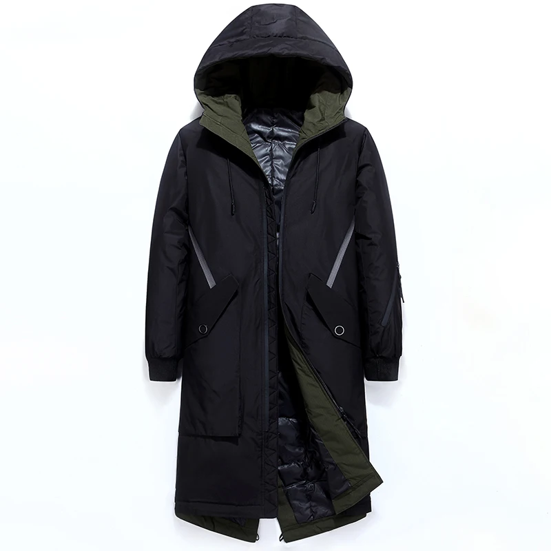 Длинная Мужская зимняя утепленная куртка с капюшоном на утином пуху деловая