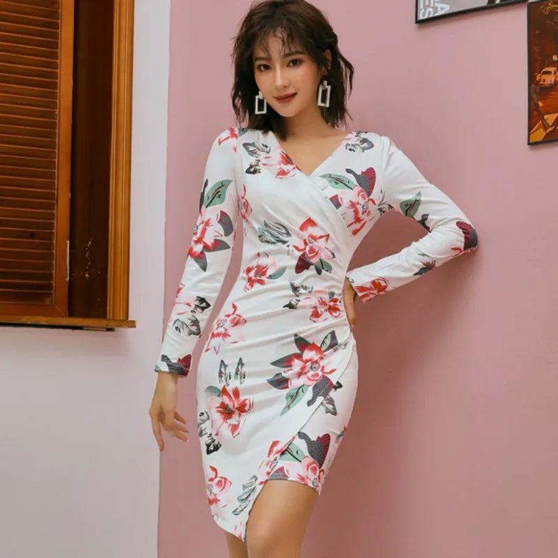 2019 осеннее женское платье с принтом розы Сексуальное Тонкое модное повседневное