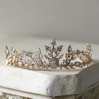 slbridal baroque style golden copper alloy leaf flower zircon bridal tiara crown wedding women party hair jewelry accessories
