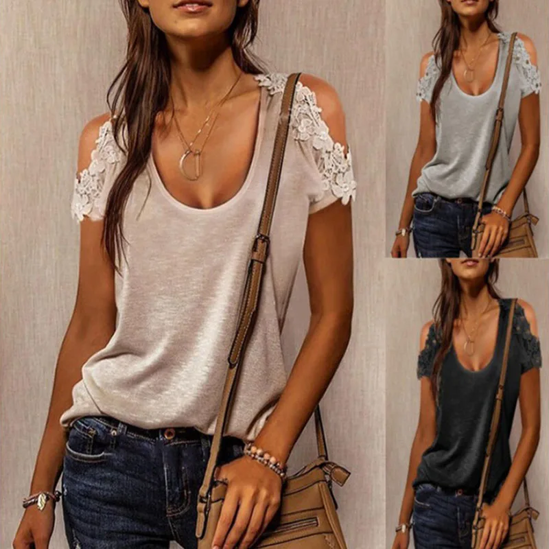 

Lace Solid Sexy Short Sleeve Sling T Shirts Women Summer Casual Round Neck Elegant Fashion Plus Size Oversize Pullover Top Mujer