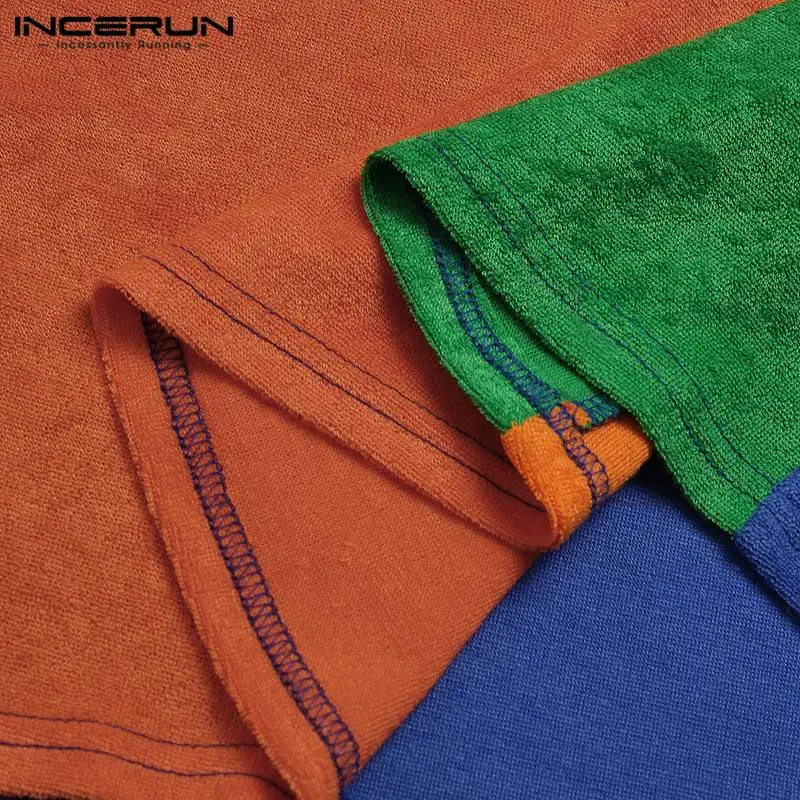 

INCERUN Men Patchwork Robes Fleece Hooded Short Sleeve Colorful Leisure Homewear Bathrobes Cozy Towel Loose Mens Nightgown S-5XL