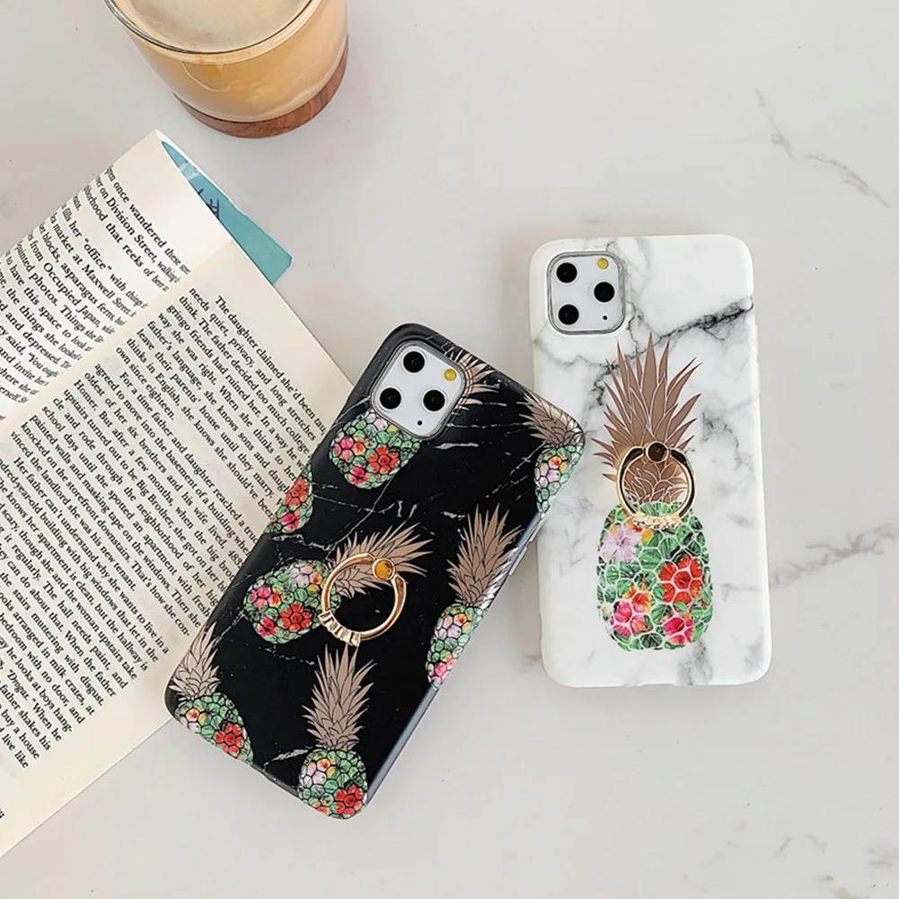 Gold Foil Silicone Holder Case for iPhone 7 8 Plus X XR 11 Pro Max Pineapple Texture TPU Cover 360 Finger Ring Shell Capa |