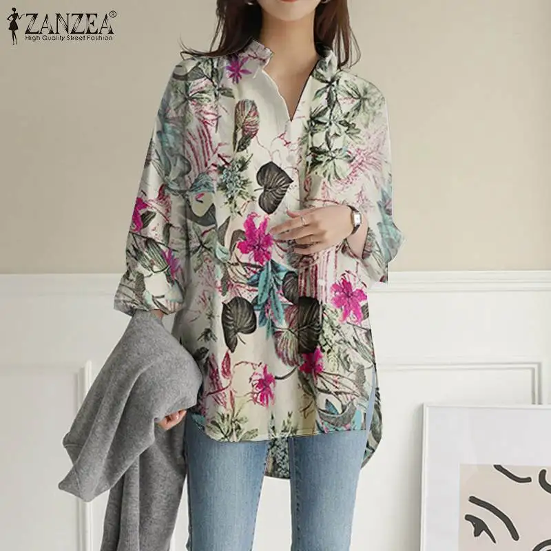 

Asymmetrical ZANZEA Full Sleeve Blouses Women Baggy Loose Shirt Fashion Pockets Chemise Vintage Floral Printed Top