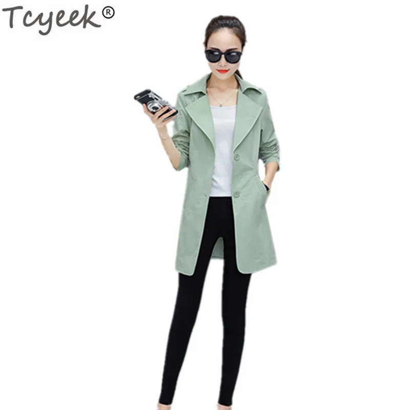 

Tcyeek Women's Korean Style Slim Fit Coats 2020 Fashion Female Outerwear Windbreaker Ladies Elegant Long Coat Casual Tops LWL504