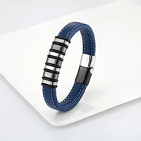 2021 new simple fashion punk style 7 ring multi color stainless steel mens bracelet wide leather blue leather rope charm