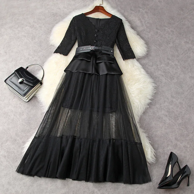 

Women V-neck mesh patchwork lace dress summer 2021 designer elegant runway fashion high quality vintage dresses party vestidos