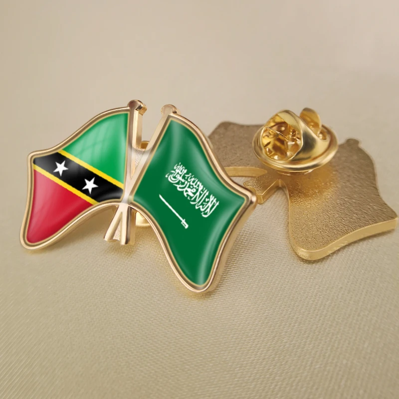 

Saint Kitts and Nevis and Saudi Arabia Crossed Double Friendship Flags Lapel Pins Brooch Badges