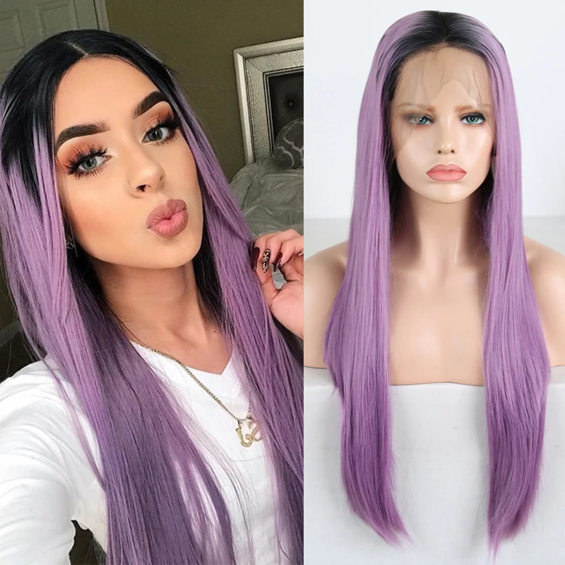 

Charisma 13x6 Silky Straight Wigs Deep Part Synthetic Lace Front Wig Ombre Purple Wigs for Women Heat Resistant Hair Black Roots