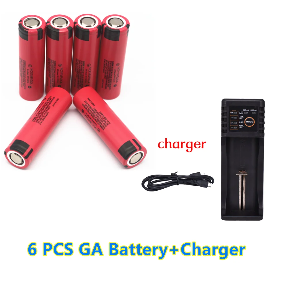 

6 Pcs NCR 18650GA High Discharge 3.7V 3500mAh 18650 Rechargeable Battery Flashlight Flat-top Lithium Battery+Charger