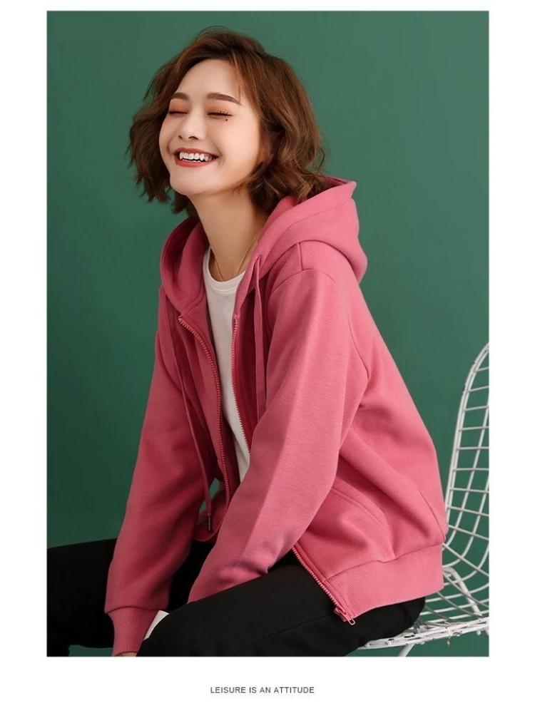 

Women's spring solid color cardigan hooded thin sweater casual loose Korean autumn and winter Plush thickened coat women's wear