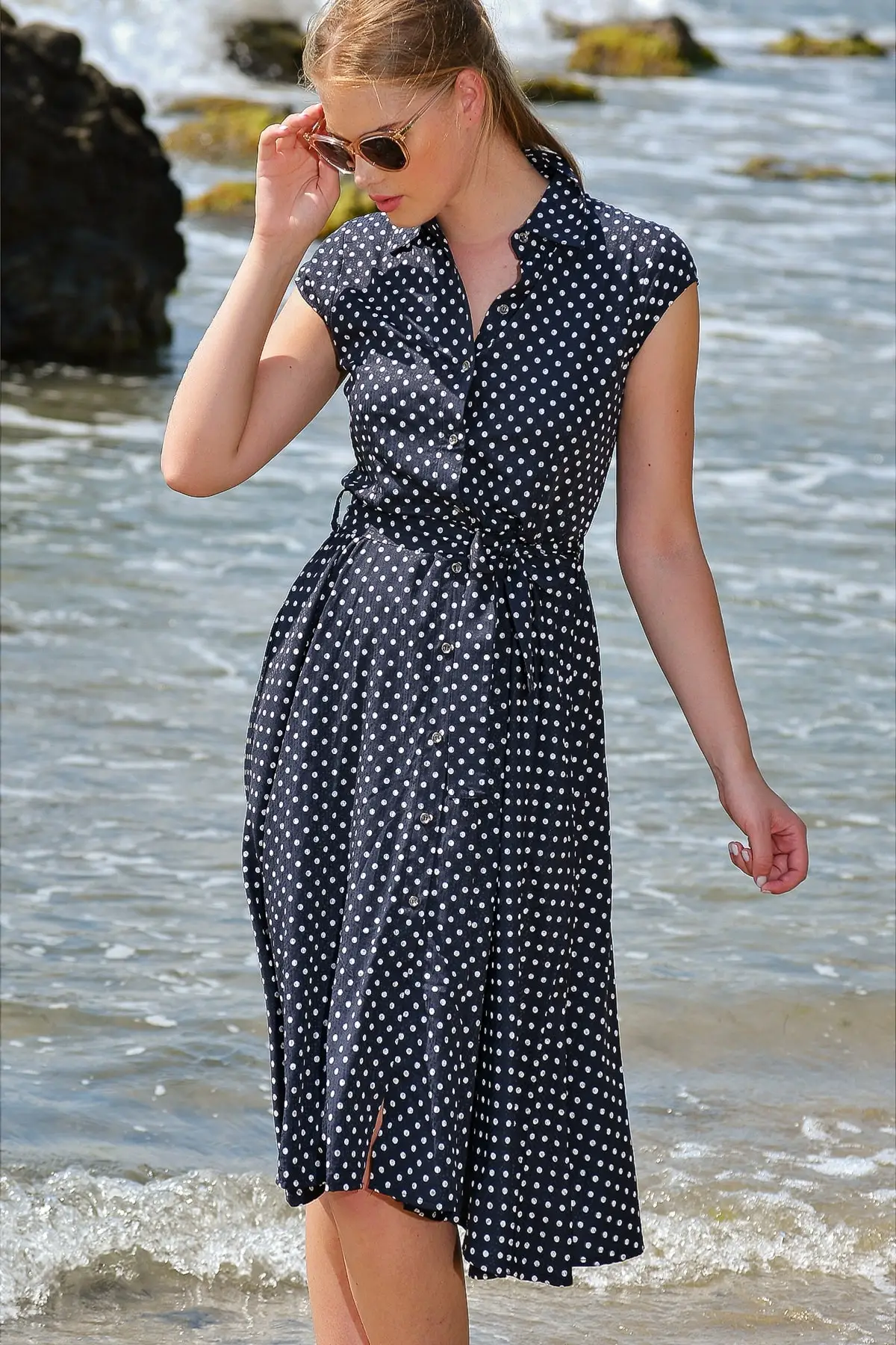 Тренд Alacati стиль женский черный Добби в горошек Тканое платье DNZ 3193 RW 1|Женские