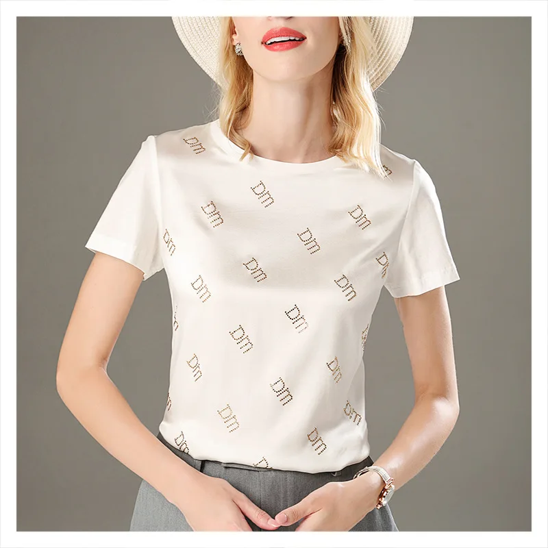 

2020 Summer New Short-Sleeved Silk T-shirt Thin Short Slim Section Silk Top
