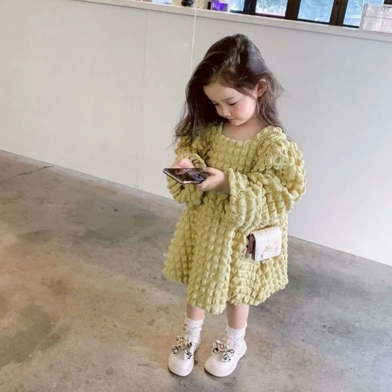 

Girls Long Sleeve Dress Autumn Winter Solid Color Princess Dresses Waffle Soft Fashion Loose Kids Children's Clothing
