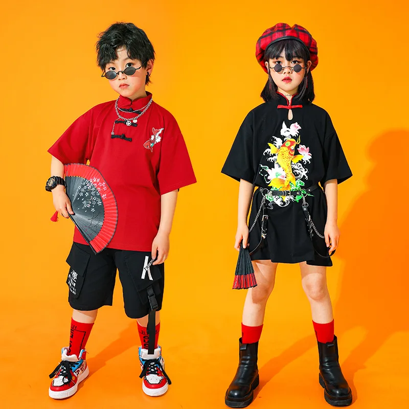 

Kids Boys Girls Chinese Style Sets Streetwear Hip Hop Sports Short Sleeve Dress T-shirt Shorts Children Stage Dance Clothing