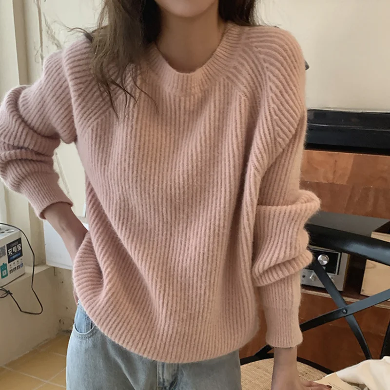 

Autumn Winter Sweater Women 2021O Neck Solid Color Elegant Thin Female Knitted Pullover Loose Basic Knitwear Jumper lazy oaf