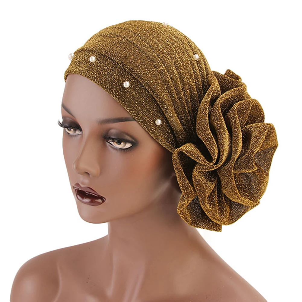 

Fashion Faux Pearl Decor Big Flower Women Muslim Hijab Turban Hat Head Wrap Cap