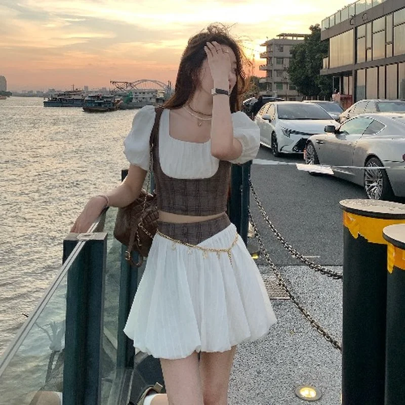 

Korean Fashion Summer 2021 New Fake Two Puff SleeveTops Women's Clothing College Style Exquisite Fashion Splicing TShirts Female