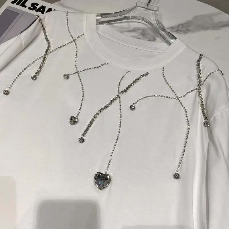 

2021 Summer New Rhinestone Chain Round Neck Women T-shirt Loose Short Sleeve Oversized T Shirt Ladies Tops Female Casual Jumper