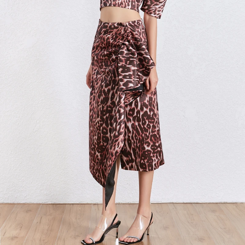 TWOTWINSTYLE леопардовая Асимметричная Женская юбка средней длины с высокой талией и