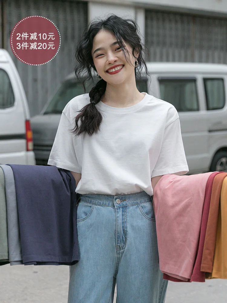 Однотонная белая футболка из хлопка с коротким рукавом Женский Летний Тонкий