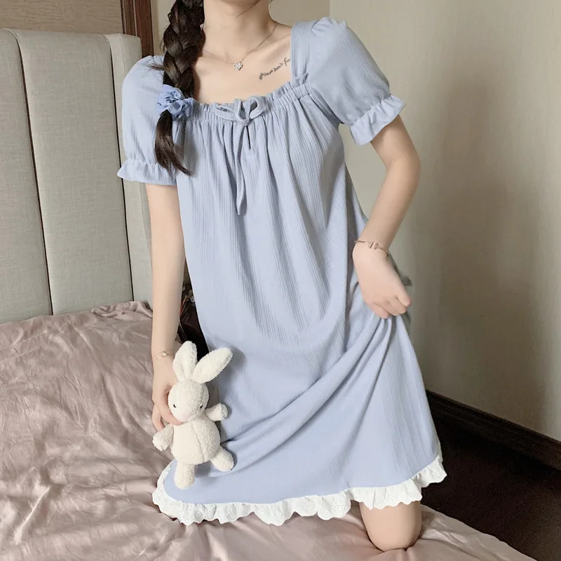 

Nightgowns Women Cotton Short Sleeve Sexy Knee-length Solid Kawaii Ruffles Bow Loose Sleepwear Lolita Style Princess Nightdress