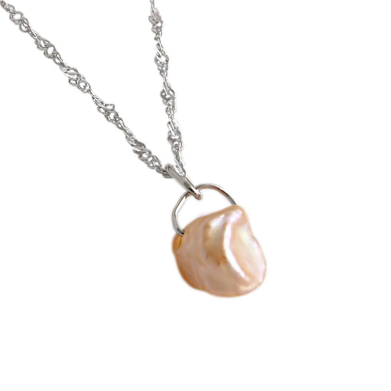 

Korean S925 sterling silver necklace Baroque freshwater pearl ripple clavicle female necklace simple chain decoration