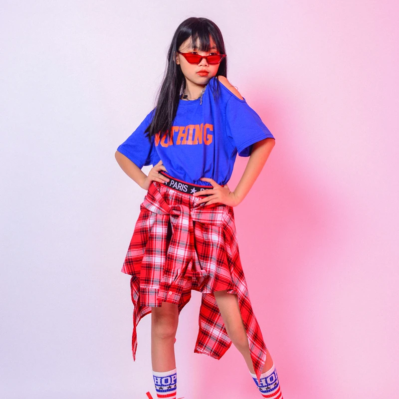 Костюмы для джазовых танцев девочек топ с открытыми плечами клетчатая юбка