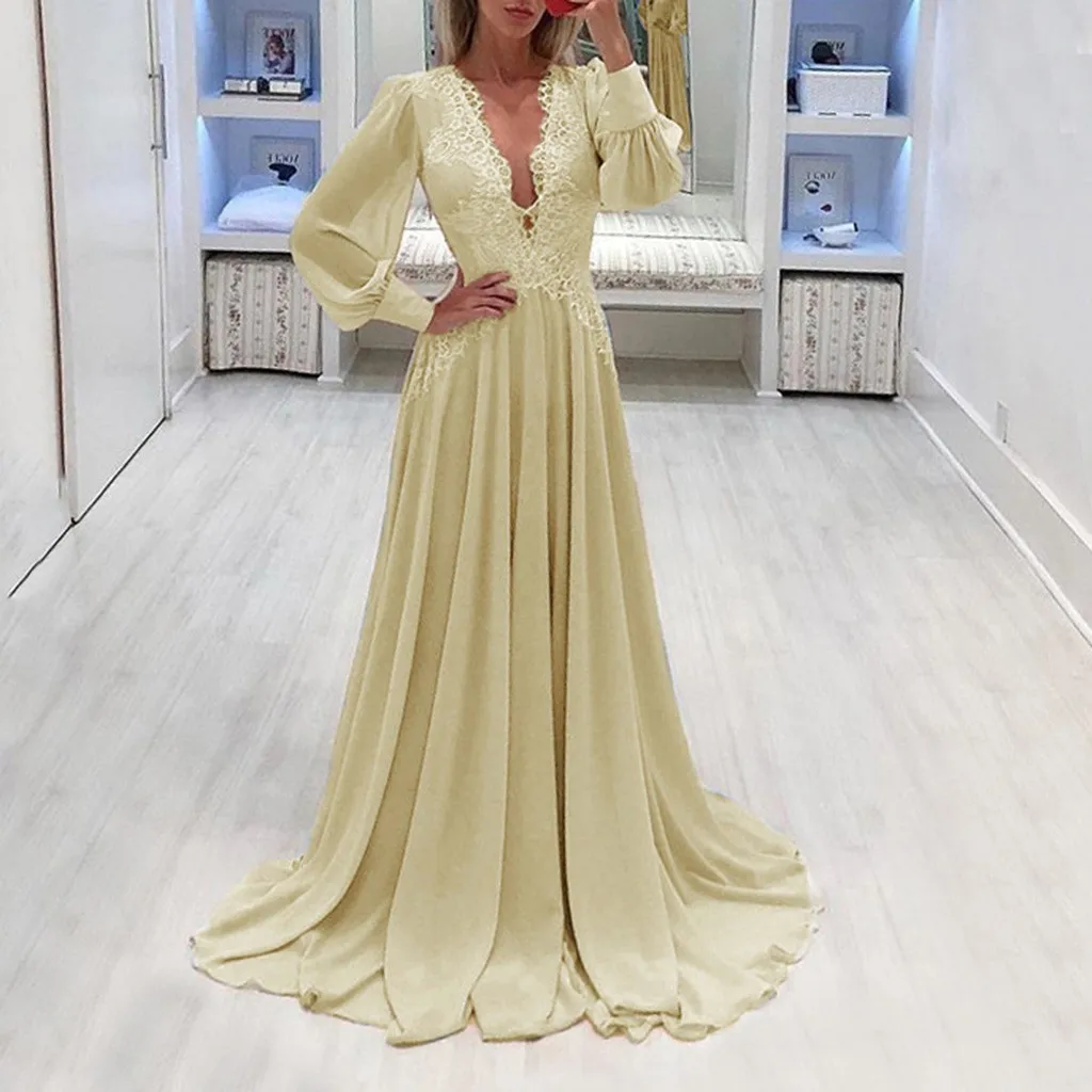 Женское сексуальное однотонное длинное платье с длинным рукавом и V-образным