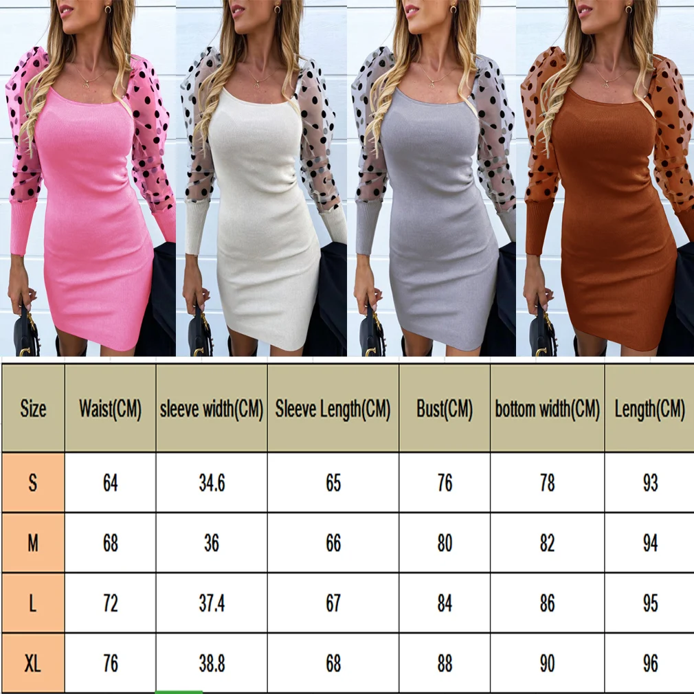

Women Spring Fall Mesh Puff Long Sleeve Ribbed Knitted Dress Slim Casual Polka Dots Bodycon Dress Elegant Clubwear Party Clothes