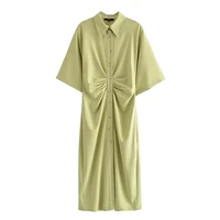 women chic fashion button up draped midi shirt dress vintage short sleeve side zipper female dresses vestidos