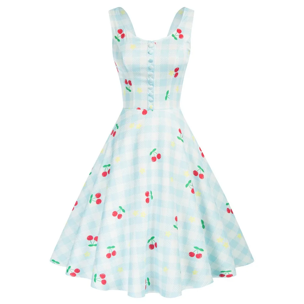 

BP Women Vintage Pineapple Pattern Dress Sleeveless Buttons Decorated A-Line Color Of Garment Might Be Slightly Different From