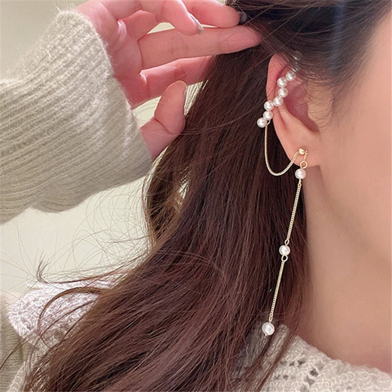2022 New Fashion Imitation Pearl Chain Ear Cuff Cartilage Earrings For Women Elegant Flower Long Tassel Ear Clip Female Jewelry