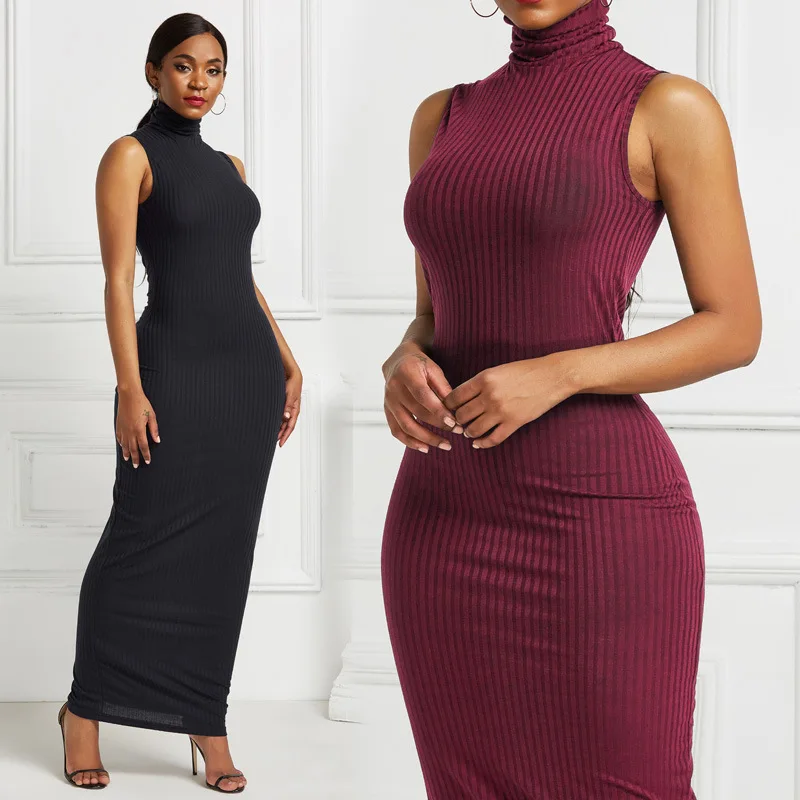 

Autumn Women Sleeveless Bodycon Dress Turtle Neck Female Pullover Robe Party Club Vestidos Sexy Women Long Maxi Dresses