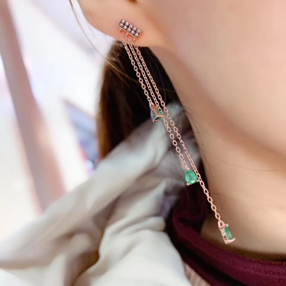 

Natural Emerald 925 Silver Earrings Tassel Earrings Fashion Exquisite Party Wedding Engagement Gift