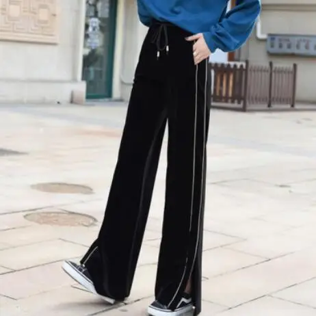 Модные боковые полосатые штаны женские бархатные с высокой талией широкие брюки
