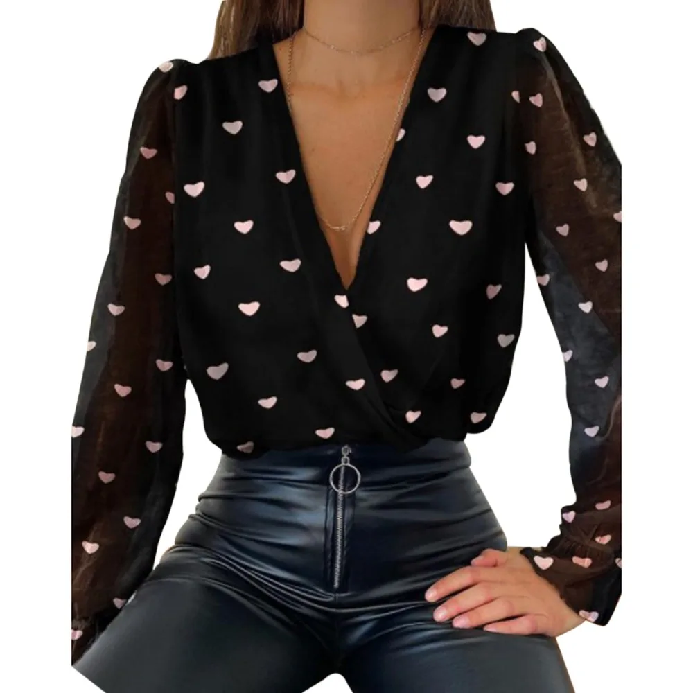 2021 Sale Women Deep V Neck Top White Jacquard Fashion Shirt Female Long Sleeve Chic Shirt Sexy Polka Dot Solid Mesh Blouses