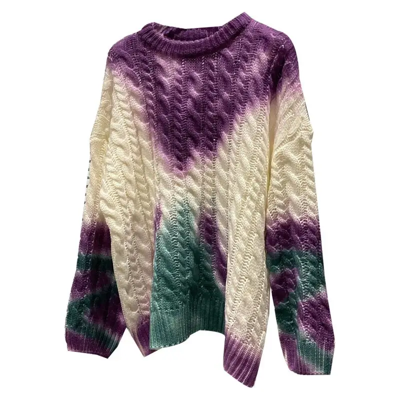 

2020 Autumn New Arrivals Long Sleeve O Neck Tie Dye Knitted Pullovers Women Loose Sweater Streetwear C090