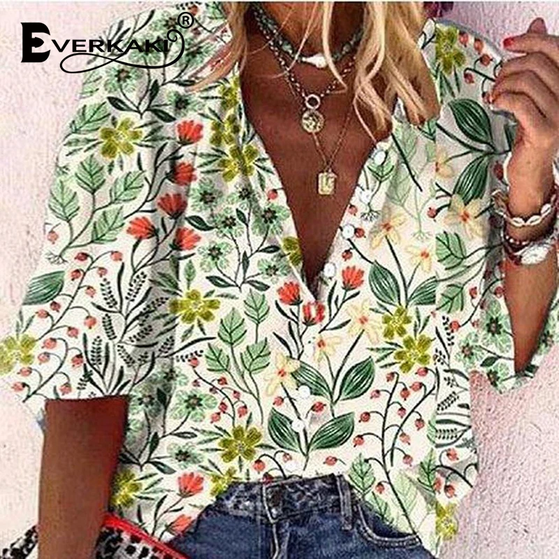 

Everkaki Bohemia Floral Print Blouse Tops Women Summer Vacation Beach Buttons Green Plus Size Chic Top Blouses Female 2021 New