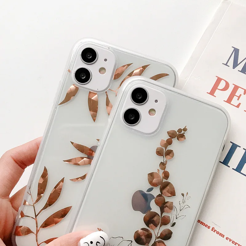 

For iPhone 12 11 Pro Max Luxury Plating Leaves Phone Case For iPhone X XR XS Max 7 8 Plus Mini Transparent Back Cover Funda
