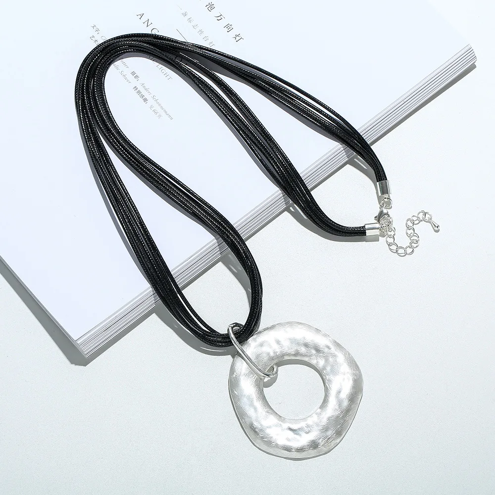 

Amorcome Ethnic Long Sweater Chain Necklace Silver Plated Circle Pendant Multistrands Black Leather Boho Necklaces Women Jewelry