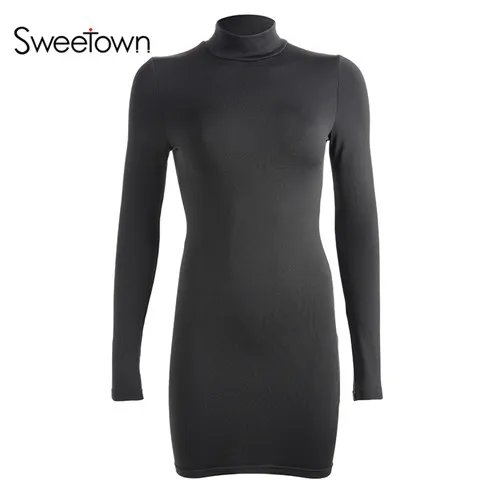 as picture Sweetown, черное облегающее платье с высоким воротом для женщин, Осень-зима, Клубное платье с длинным рукавом, женские Базовые платья, элегантные платья - Цвет: as picture