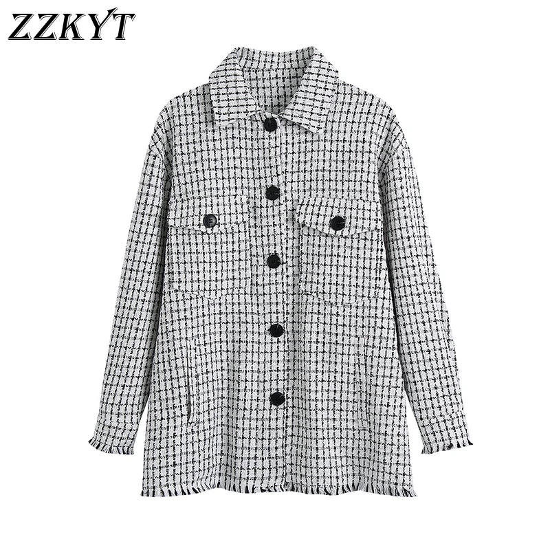 

ZZKYT 2021 Women Autumn Fashion Pockets Tweed Jacket Coat Vintage Lapel Collar Long Sleeve Button Office Lady Female Chic Tops