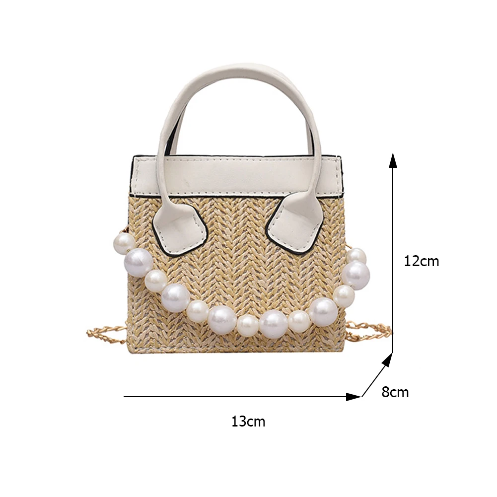 

Mini Women Straw Woven Patchwork Pearl Chain Mini Top-handle Handbag Summer Casual Ladies Shoulder Crossbody Messenger Bags