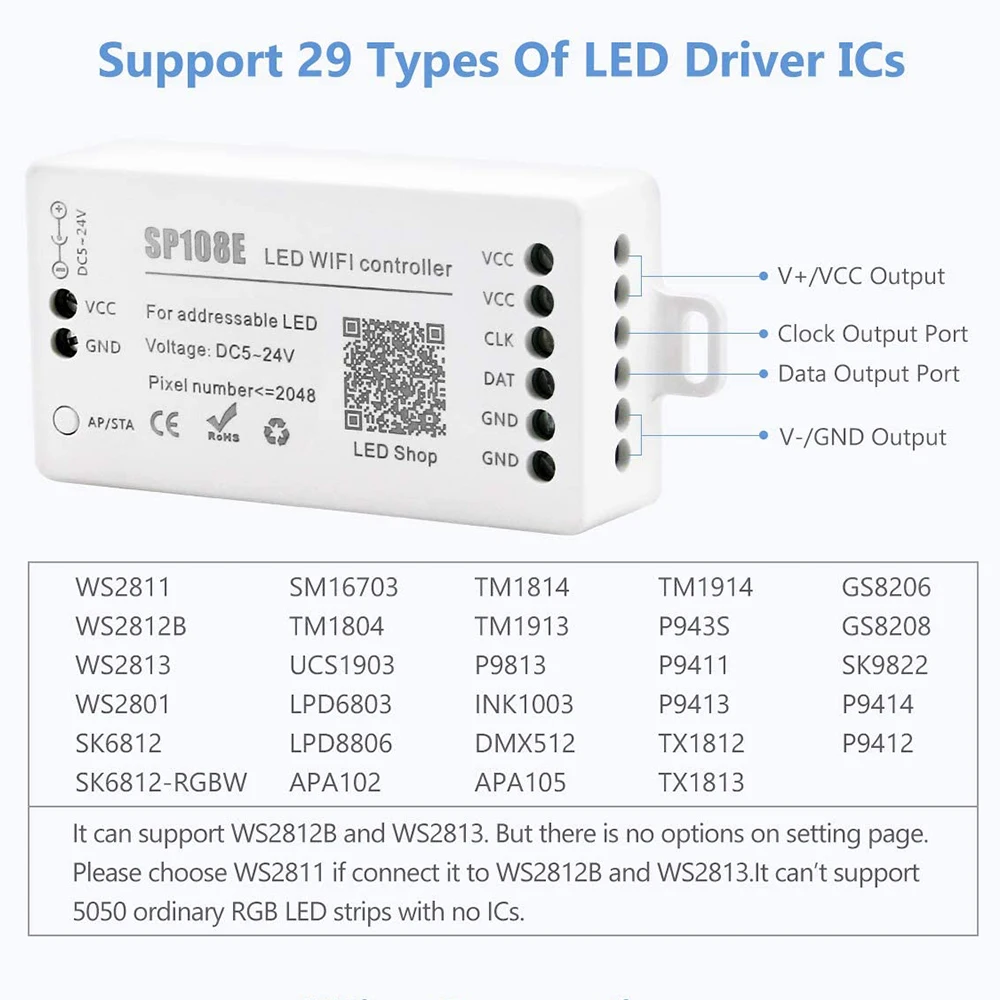 Светодиодный Wifi-контроль ler SP108E ИК-управление для WS2812B WS2813 WS2811 WS2815 SK6812 и т. д.