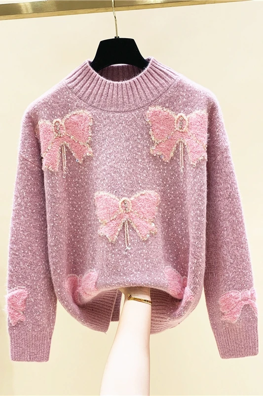 

Women's Half Turtleneck Bow Jacquard Beaded Sequins Sweater 2020 Autumn Winter Clothes Loose Pullover Outwear Knit Sweaters Coat