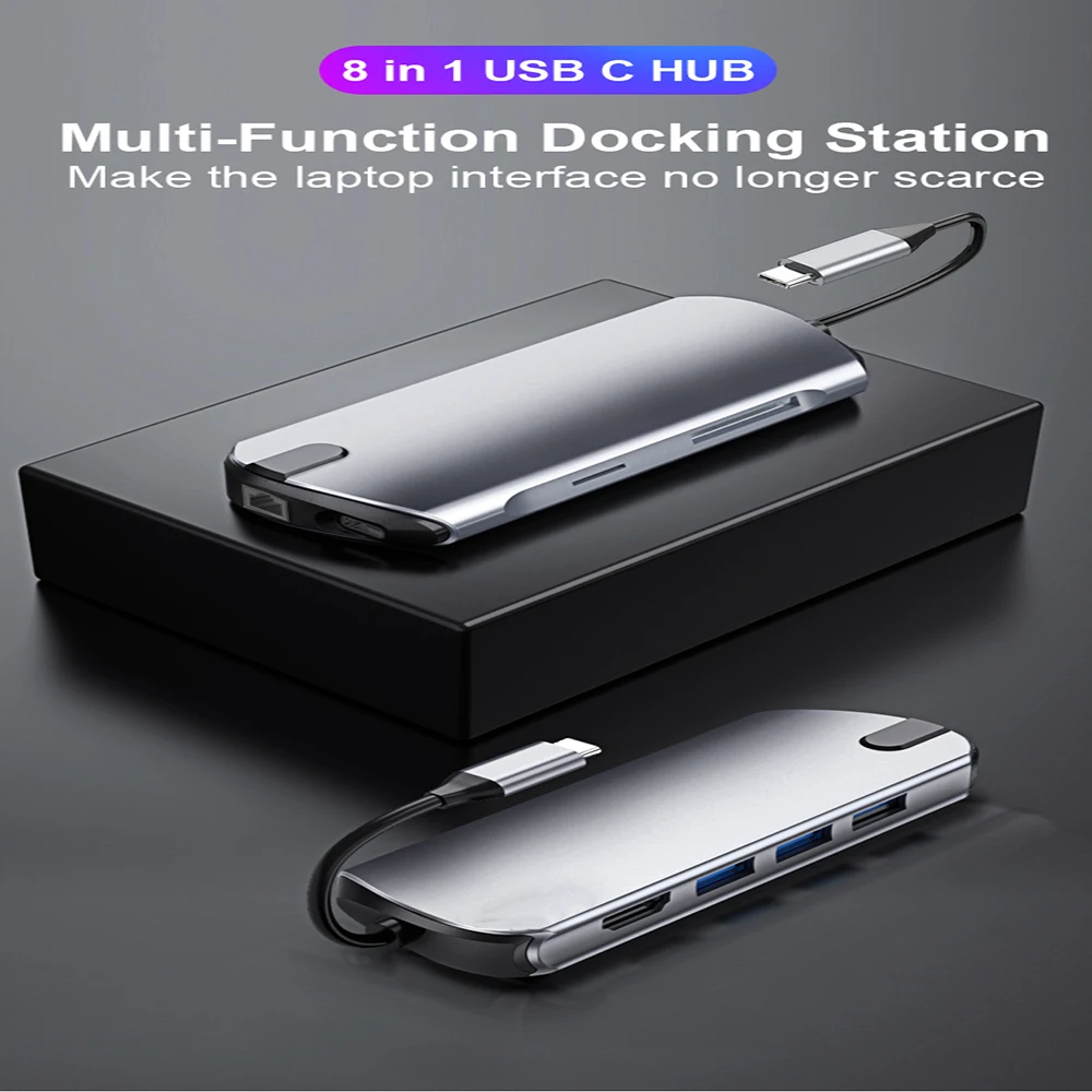 

8-in-1 Type-C hub 4K docking station Dual Hdmi RJ45 Gigabit (USB3.0*3+HDMI*1+SD*1+TF*1 +RJ45+PD*1) Lan Pd laptop docking station