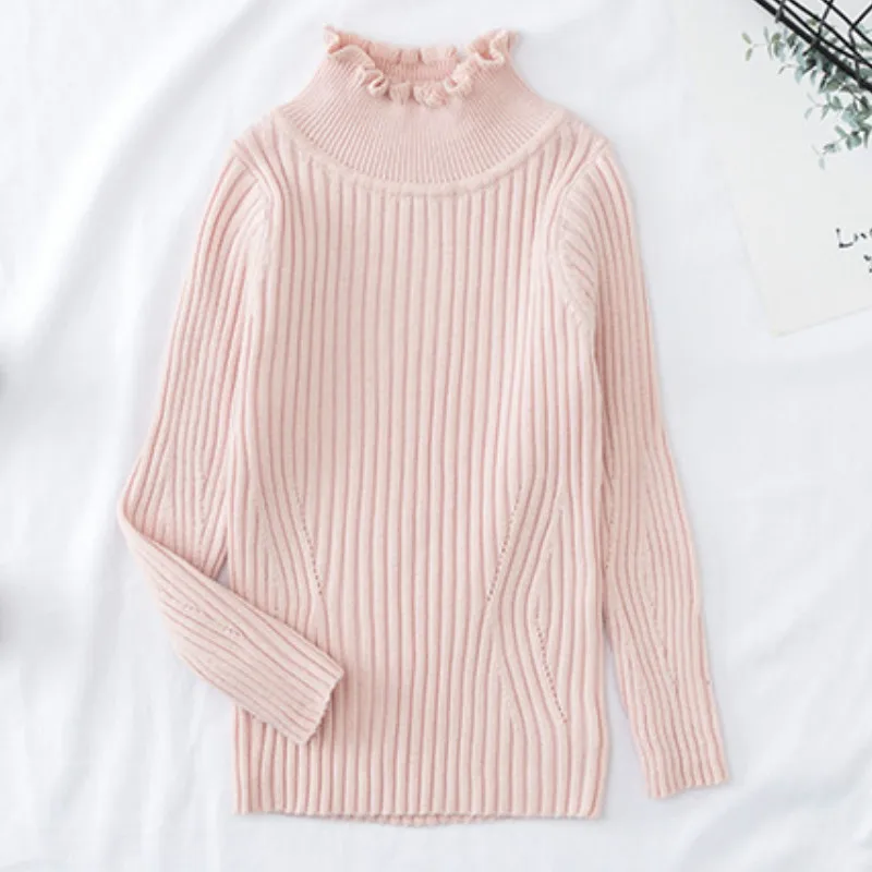 Gold Toddler Girl Fitted Rib Knit Ruffled Collar Sweater Children Kids Girl Ribbed Sweater Winter Girls Tops - Color: Gold
