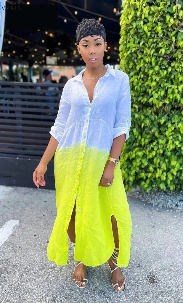 

Модное женское длинное платье градиентного цвета с рукавом три четверти, однобортное свободное прямое платье, повседневные платья, лето 2021